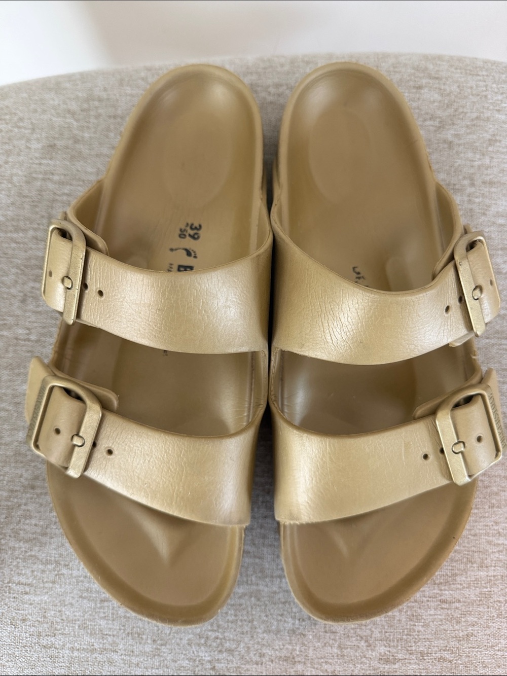 Birkenstock Arizona Eva Double-Buckle Slides in Glamour Gold Size 39 (8/8.5)